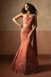 Buy_Quench A Thirst_Peach Georgette Embroidery, Beads, Fishtail Pre-draped Saree And Blouse Set _at_Aza_Fashions