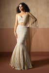Buy_Quench A Thirst_Beige Net, Georgette Embroidery, Fishtail Pre-draped Saree And Blouse Set _at_Aza_Fashions