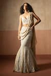Buy_Quench A Thirst_Beige Georgette, Net Embroidery, Embellished Fishtail Saree And Blouse Set _at_Aza_Fashions