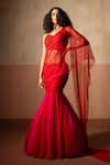Buy_Quench A Thirst_Red Net, Georgette Sequins, Fishtail Pre-draped Saree And Embellished Blouse Set _at_Aza_Fashions