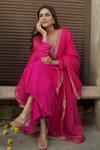 Buy_Label Flamingo By Vrinda_Pink Georgette, Chanderi, Organza Embroidery, Sequins Floral Hand Angarkha Set _Online_at_Aza_Fashions