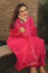Shop_Label Flamingo By Vrinda_Pink Georgette, Chanderi, Organza Embroidery, Sequins Floral Hand Angarkha Set _at_Aza_Fashions
