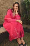 Label Flamingo By Vrinda_Pink Georgette, Chanderi, Organza Embroidery, Sequins Floral Hand Angarkha Set _at_Aza_Fashions