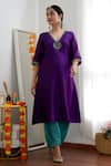 Shop_Label Flamingo By Vrinda_Purple Chanderi Silk Zari V-neck Hand Embroidered Kurta And Salwar Set _at_Aza_Fashions