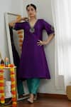 Label Flamingo By Vrinda_Purple Chanderi Silk Zari V-neck Hand Embroidered Kurta And Salwar Set _at_Aza_Fashions