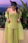 Buy_Label Flamingo By Vrinda_Green Georgette, Organza Embroidery, Sequins, Floral Hand Kurta Gharara Set 