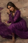 Shop_Label Flamingo By Vrinda_Purple Chanderi, Organza Metallic Thread, Mukaish Anarkali Angrakha Set _Online
