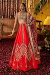 Shop_The Royaleum_Red Silk Embroidery, Zari, Sequins Square Neck Lalima Blouse Lehenga And Dupatta _Online_at_Aza_Fashions
