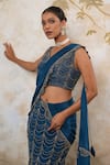 Libas Cafe by Nidhi & Ashish_Blue Crepe Embroidery V-neck Fishcut Lehenga Saree With Blouse _Online_at_Aza_Fashions