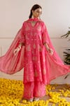 Buy_ASRUMO_Fuchsia Organza, Viscose Embroidery, Zari, Lace Keyhole Neck And Taari Kurta Set _at_Aza_Fashions