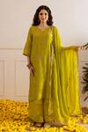 Buy_ASRUMO_Lime Viscose, Organza, Cotton Zari, Embroidery, Sequins, Lace Keyhole Kurta Set _Online_at_Aza_Fashions