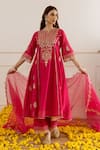 Buy_ASRUMO_Magenta Chanderi, Organza Embroidery, Zari, Cut Work Kurta Set With Dupatta _Online_at_Aza_Fashions