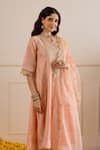 ASRUMO Peach Chanderi, Organza Embroidery, Zari, Cut Work Split V-neck Kurta Set at Aza Fashions ASRUMO_Peach Chanderi, Organza Embroidery, Zari, Cut Work Split V-neck Kurta Set _at_Aza_Fashions
