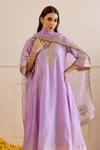 Buy_ASRUMO_Lilac Chanderi, Organza Embroidery, Zari, Lace V-neck Motif Kurta Set _Online_at_Aza_Fashions