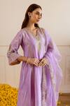 ASRUMO_Lilac Chanderi, Organza Embroidery, Zari, Lace V-neck Motif Kurta Set _at_Aza_Fashions