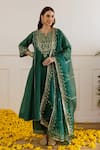 Buy_ASRUMO_Emerald Green Chanderi, Organza Zari, Embroidery, Sequins And Tara Kurta Set _at_Aza_Fashions