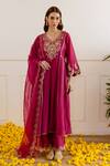 Buy_ASRUMO_Magenta Chanderi, Organza Embroidery, Zari, Lace V-neck And Taari Kurta Set _at_Aza_Fashions
