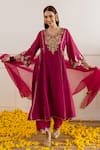 Shop_ASRUMO_Magenta Chanderi, Organza Embroidery, Zari, Lace V-neck And Taari Kurta Set _Online_at_Aza_Fashions