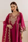 ASRUMO_Magenta Chanderi, Organza Embroidery, Zari, Lace V-neck And Taari Kurta Set _at_Aza_Fashions