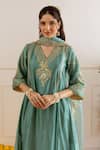 ASRUMO_Green Chanderi, Organza Embroidery, Zari, Lace V-neck Three-kali Kurta Pant Set _Online_at_Aza_Fashions