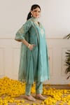 Buy_ASRUMO_Green Chanderi, Organza Embroidery, Zari, Lace V-neck Three-kali Kurta Pant Set _Online_at_Aza_Fashions