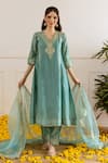 Buy_ASRUMO_Green Chanderi, Organza Embroidery, Zari, Lace V-neck Three-kali Kurta Pant Set 
