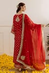 Shop_ASRUMO_Red Chanderi, Organza Embroidery, Zari, Applique Bandhej Taari Kurta Pant Set _at_Aza_Fashions