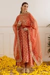 Shop_ASRUMO_Rust Chanderi, Organza Embroidery, Zari V-neck Bandhej Taari Kurta Set _Online_at_Aza_Fashions