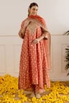 Buy_ASRUMO_Rust Chanderi, Organza Embroidery, Zari V-neck Bandhej Taari Kurta Set _at_Aza_Fashions