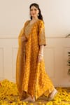 ASRUMO_Mustard Chanderi, Organza Embroidery, Zari V-neck Bandhej Aari-zari Kurta Set _Online_at_Aza_Fashions