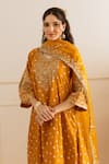 Buy_ASRUMO_Mustard Chanderi, Organza Embroidery, Zari V-neck Bandhej Aari-zari Kurta Set _Online_at_Aza_Fashions