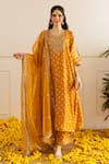 Shop_ASRUMO_Mustard Chanderi, Organza Embroidery, Zari V-neck Bandhej Aari-zari Kurta Set _Online_at_Aza_Fashions