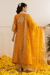 Shop_ASRUMO_Mustard Chanderi, Organza Embroidery, Zari V-neck Bandhej Aari-zari Kurta Set _at_Aza_Fashions