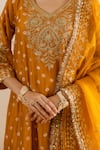 ASRUMO_Mustard Chanderi, Organza Embroidery, Zari V-neck Bandhej Aari-zari Kurta Set _at_Aza_Fashions