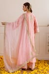 Shop_ASRUMO_Peach Chanderi, Organza Embroidery, Zari V-neck Bandhej Kurta Pant Set _at_Aza_Fashions
