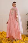 Buy_ASRUMO_Peach Chanderi, Organza Embroidery, Zari V-neck Bandhej Kurta Pant Set _at_Aza_Fashions
