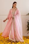 Shop_ASRUMO_Peach Chanderi, Organza Embroidery, Zari V-neck Bandhej Kurta Pant Set _Online_at_Aza_Fashions