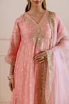 ASRUMO_Peach Chanderi, Organza Embroidery, Zari V-neck Bandhej Kurta Pant Set _at_Aza_Fashions