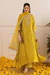 Buy_ASRUMO_Yellow Chanderi, Organza Embroidery, Zari V-neck Bandhej Taari Kurta Set _at_Aza_Fashions