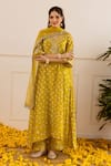 Shop_ASRUMO_Yellow Chanderi, Organza Embroidery, Zari V-neck Bandhej Taari Kurta Set _Online_at_Aza_Fashions