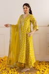 Buy_ASRUMO_Yellow Chanderi, Organza Embroidery, Zari V-neck Bandhej Taari Kurta Set 