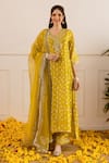 Shop_ASRUMO_Yellow Chanderi, Organza Embroidery, Zari V-neck Bandhej Taari Kurta Set 