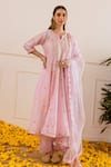 Buy_ASRUMO_Pink Chanderi, Organza Embroidery, Zari Split V-neck Booti And Anarkali Set _at_Aza_Fashions
