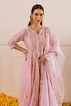 Buy_ASRUMO_Pink Chanderi, Organza Embroidery, Zari Split V-neck Booti And Anarkali Set _Online_at_Aza_Fashions