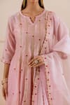 Buy_ASRUMO_Pink Chanderi, Organza Embroidery, Zari Split V-neck Booti And Anarkali Set 