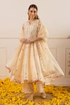 Buy_ASRUMO_Ivory Chanderi, Organza Embroidery, Zari Split V-neck And Anarkali Set 