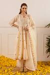 Shop_ASRUMO_Ivory Chanderi, Organza Embroidery, Zari Split V-neck And Anarkali Set 