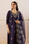 ASRUMO_Navy Chanderi, Organza Embroidery, Zari V-neck Kurta Pant Set _Online_at_Aza_Fashions