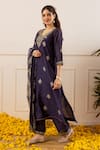 Buy_ASRUMO_Navy Chanderi, Organza Embroidery, Zari V-neck Kurta Pant Set _Online_at_Aza_Fashions