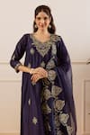 ASRUMO_Navy Chanderi, Organza Embroidery, Zari V-neck Kurta Pant Set _at_Aza_Fashions